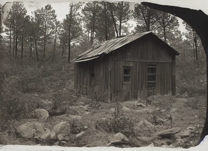 Prompt: Photograph of a miner's wooden shack among dry bushes and boulders in a pine forest, albumen silver print, Smithsonian American Art Museum