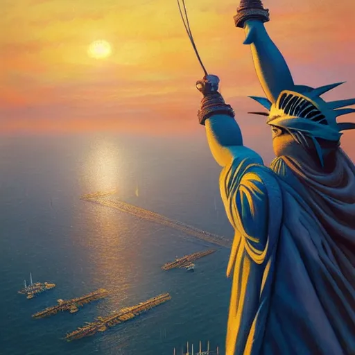 Prompt: a hyper realistic painting of a human with an eagle head, standing on the statue of liberty, watching the colorful city with highly detailed skyline, sunset, majestic, wonderful, fantasy, by Greg Rutkowski, Trending on Artstation, digital art