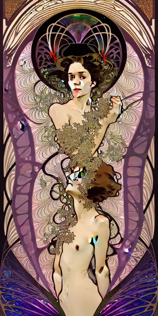 Prompt: the source of future growth dramatic, elaborate emotive Art Nouveau styles to emphasise beauty as a transcendental, seamless pattern, symmetrical, large motifs,Alphonse Mucha, 8k image, supersharp, metallic reflective surfaces, glittery iridescent black and rainbow colors with gold accents, perfect symmetry, pearlescent, High Definition, sci-fi, Octane render in Maya and Houdini, light, shadows, reflections, photorealistic, masterpiece, smooth gradients, high contrast, 3D, no blur, sharp focus, photorealistic, insanely detailed and intricate, cinematic lighting, Octane render, epic scene, 8K