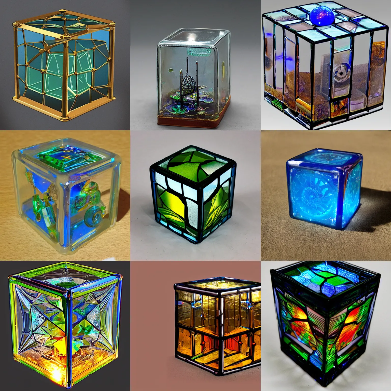 Prompt: Highly detailed mechanical glass cube, solarpunk