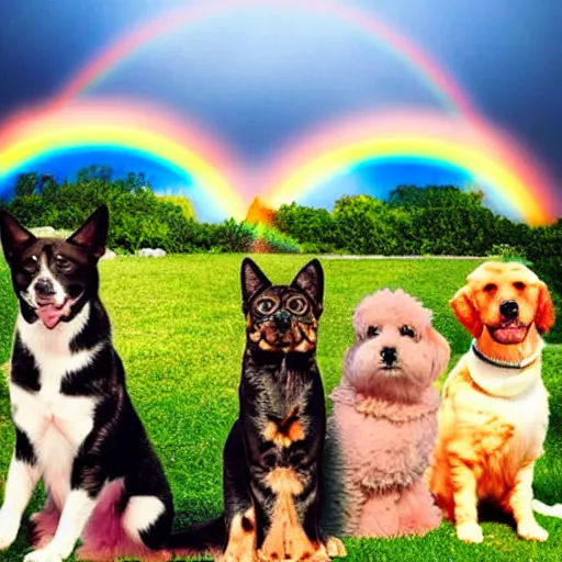 Prompt: a group of pet dogs and cats waiting patiently at the entrance to a glorious and heavenly rainbow bridge with tall heavenly golden gates at the entrance, real photo, detailed