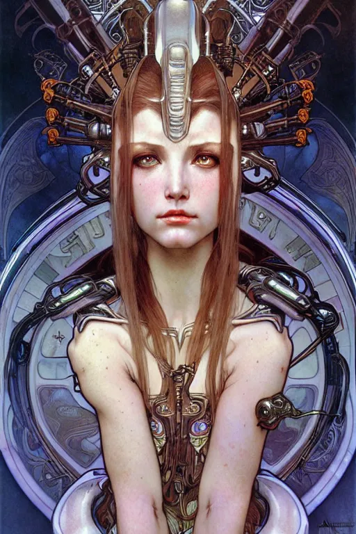 Prompt: realistic detailed face portrait of a beautiful futuristic godness warrior in alien cyberpunk armor, natural pose by alphonse mucha, ayami kojima, amano, greg hildebrandt, and mark brooks, female, feminine, art nouveau, cyberpunk, neo - gothic, gothic, character concept design