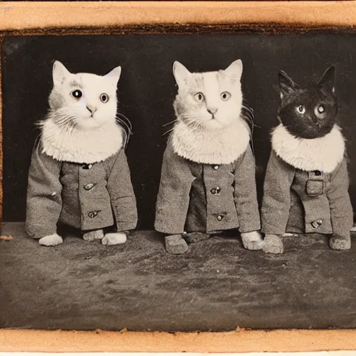 Prompt: daguerreotype of 3 cats in a trench coat