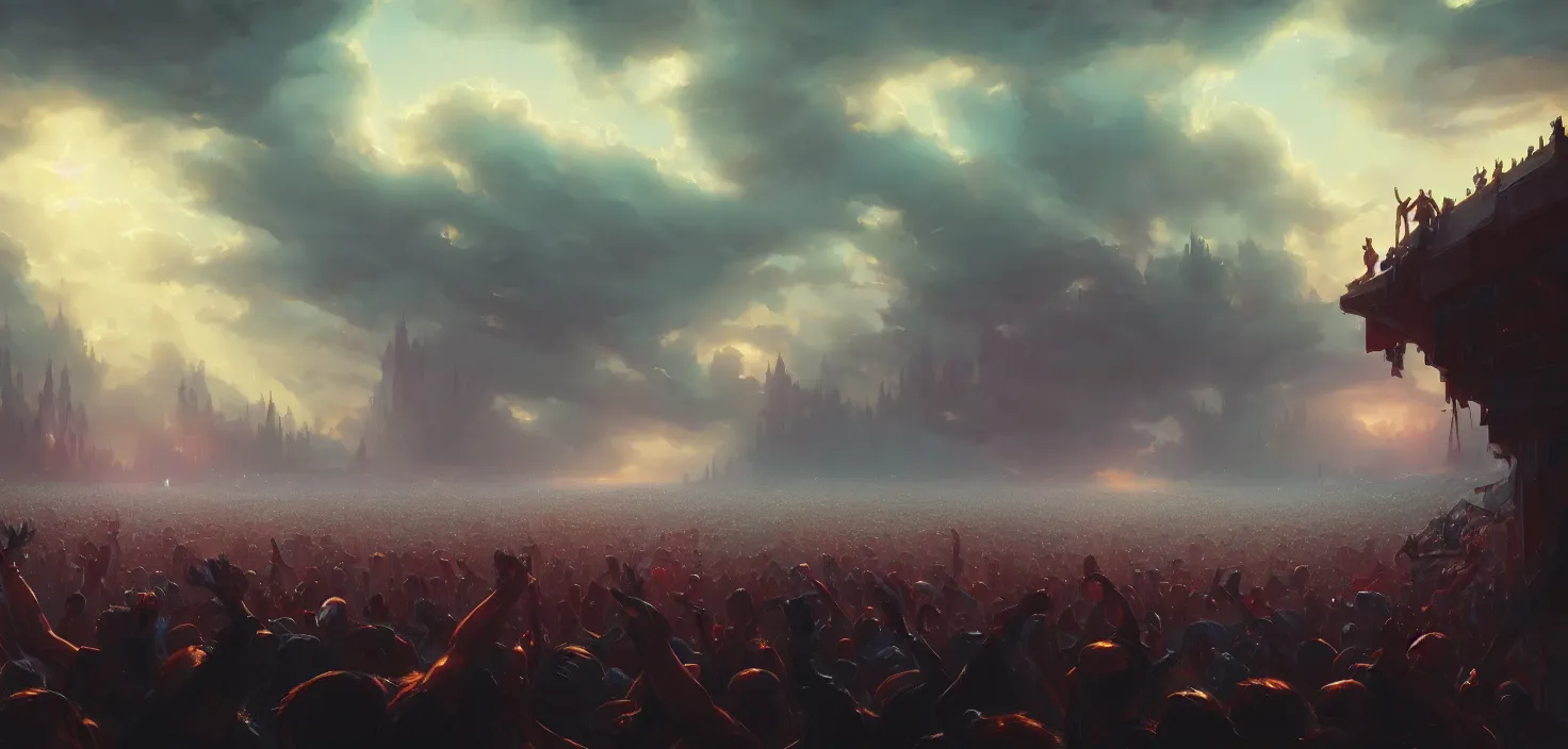 Image similar to painting of a crowd with raised arms pointing toward, cinematic view, epic sky, detailed, concept art, low angle, high detail, warm lighting, volumetric, godrays, vivid, beautiful, trending on artstation, by jordan grimmer, huge scene, art greg rutkowski