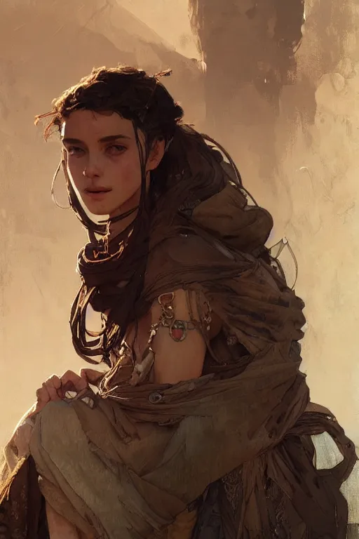 Image similar to A full portrait of a beautiful post apocalyptic Bedouin explorer, intricate, elegant, highly detailed, digital painting, artstation, concept art, smooth, sharp focus, illustration, art by Krenz Cushart and Artem Demura and alphonse mucha