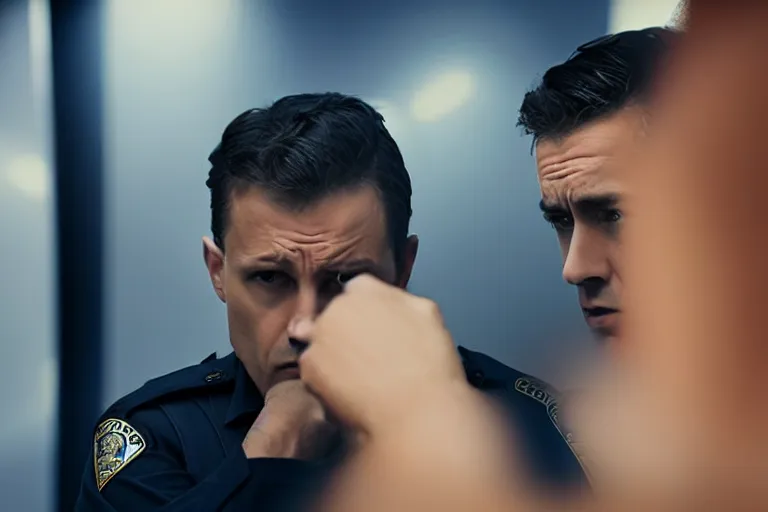 Image similar to vfx film closeup, police detective couple arguing in police precinct, over the shoulder shot, flat color profile low - key lighting award winning photography arri alexa cinematography, hyper real photorealistic cinematic beautiful natural skin, famous face, atmospheric cool colorgrade