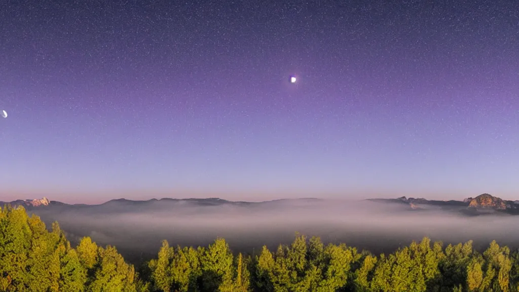 Prompt: Panoramic photo where the mountains are towering over the valley below their peaks shrouded in mist. The moon is just peeking over the horizon and the purple sky is covered with stars and clouds. The river is winding its way through the valley. The tree are a bright blue.