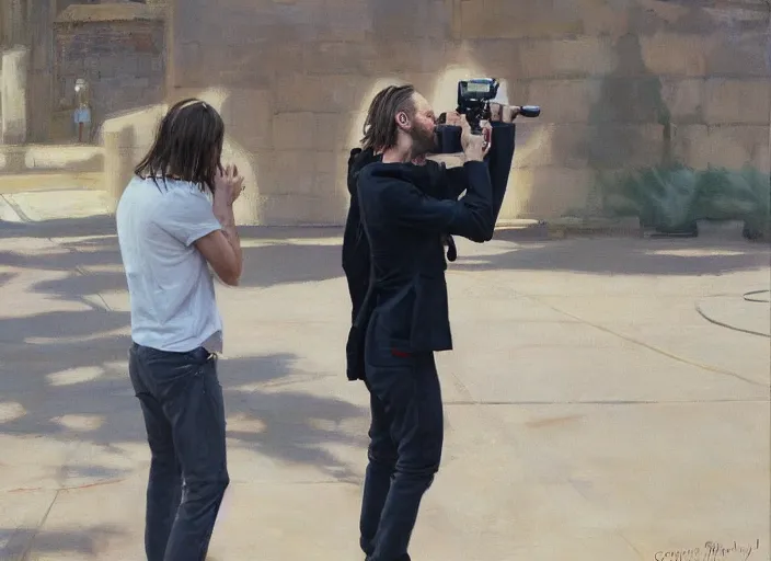 Prompt: a highly detailed beautiful portrait of thom yorke shooting, by gregory manchess, james gurney, james jean