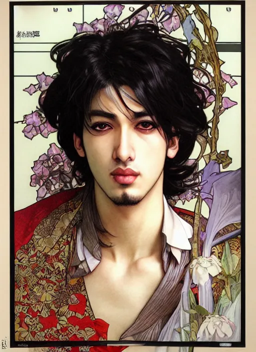 Prompt: realistic detailed face manga portrait of mahmood inspired by ayami kojima with short hair dressed with a white t - shirt, white background white bank studio light, art by yoshitaka amano alphonse mucha, ayami kojima, greg hildebrandt, and mark brooks