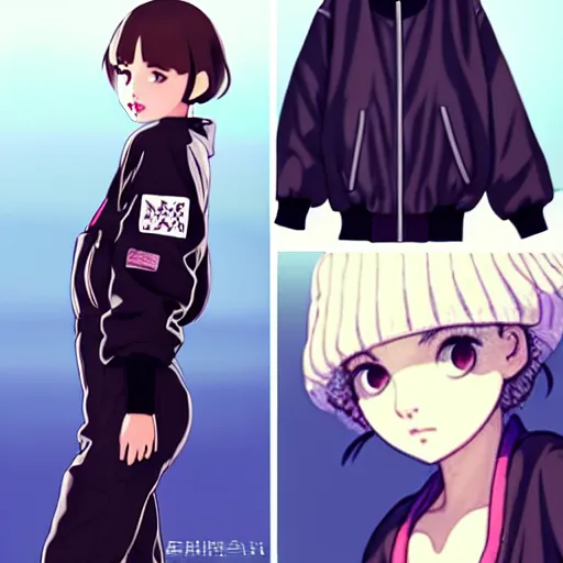 Image similar to a beautiful! boyish! natalie portman alluring gravure! model, wearing oversized mayan bomber jacket and leotard with overalls, bulky poofy bomber jacket with mayan patterns, gapmoe yandere grimdark, trending on pixiv fanbox, painted by greg rutkowski makoto shinkai takashi takeuchi studio ghibli, akihiko yoshida