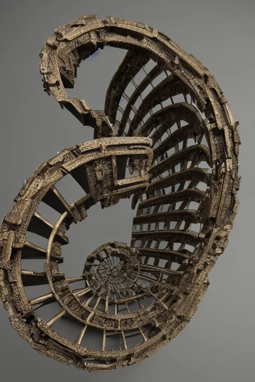 Prompt: a recursive spiral fractal made of scrap metal 3 d, trending on artstation, octane render, 8 k