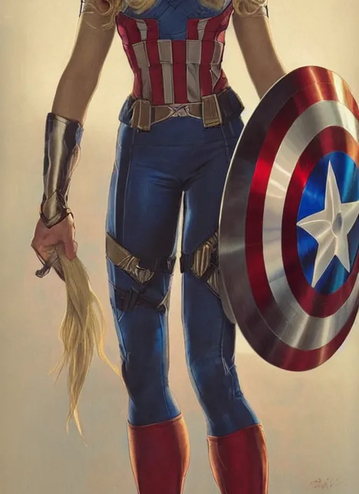 Image similar to toned young april with a mischievous face and extremely long blonde wavy hair dressed as superhero in her early 2 0 s, posing with hands behind back, captain america, tight fit, curvaceous, intricate detailed face, shiny, artgerm, greg rutkowski, alphonse mucha