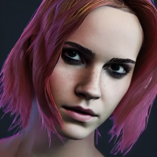 Image similar to textured film grain subsurface scattering fashion model face squinting emma watson as a fortnite character cgsociety octane render unreal engine redshift render trending on artstation trending on artstation render blender behance cg superhero