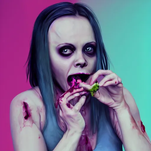 Image similar to zombie christina ricci eating a clove of garlic, art by beeple