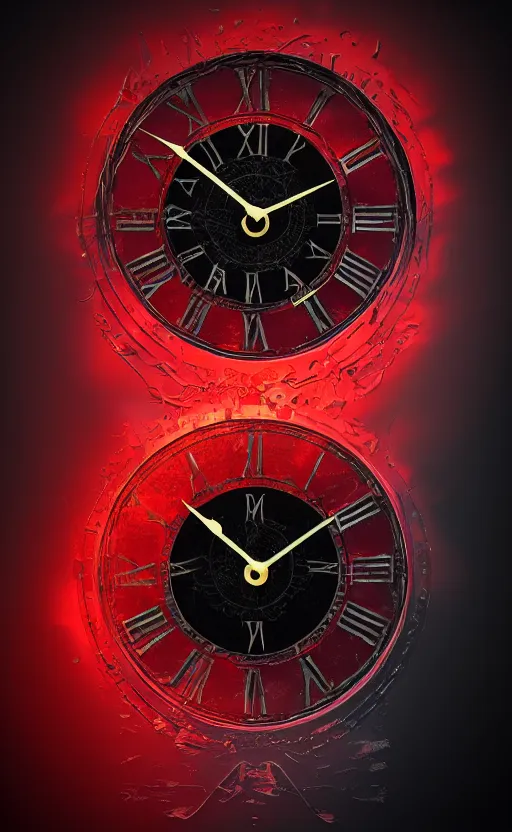 Image similar to a melting Roman numeral clock, behind a red and black gradient background, awith a black heart shaped on the top left corner and a black diamond card shape in the bottom right corner, dynamic lighting, photorealistic fantasy concept art, trending on art station, stunning visuals, cinematic, creative, ultra detailed