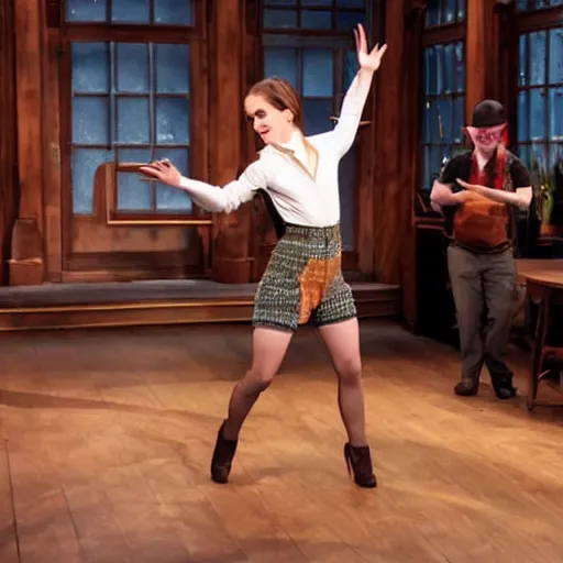 Prompt: Emma Watson dancing in Lederhosen soft studio lighting, award-winning SNL skit.