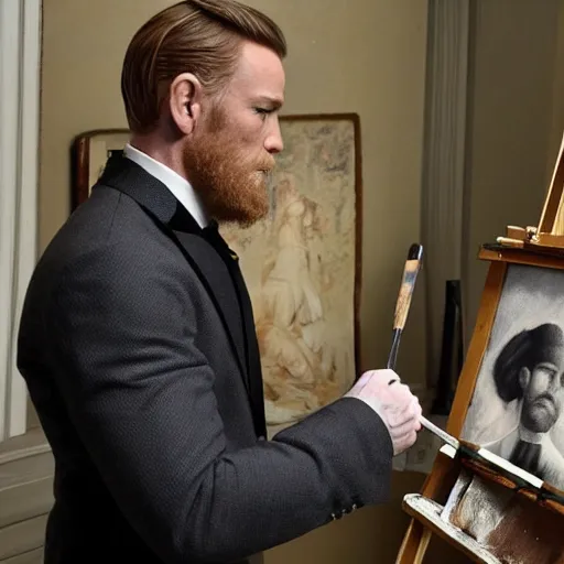 Image similar to mcgregor is dressed as a gentleman at early 2 0 th century paris. he is watching an easel. that easel has a canvas on it. ewan mcgregor has a brush on his hand. he is painting a painting. we can see his back. no background.