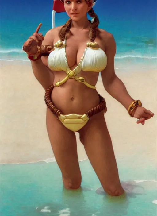 Image similar to portrait Slave Leia as sea lifeguard on the beach, full length shot, shining, 8k highly detailed, sharp focus, illustration, art by artgerm, mucha, bouguereau
