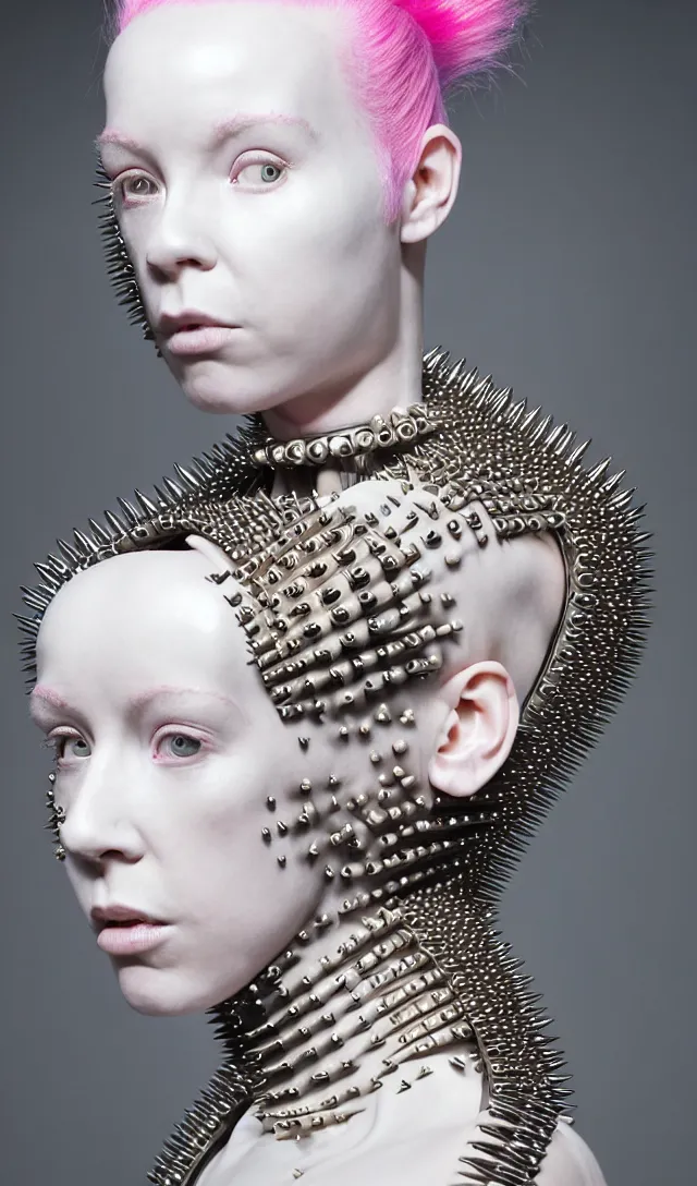 Prompt: portrait of a biomechanical goddess wearing a steel spikes studded iridescent beauty mask and pink hair buns, wearing a black bodysuit by alexander mcqueen, cream white background, soft diffused light, biotechnology, humanoid robot, perfectly symmetric, bjork aesthetic, translucent, by rineke dijkstra, intricate details, highly detailed, masterpiece,