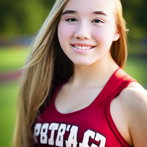 Prompt: a portrait photograph of a star student, popular, cute, 1 8 year - old american high school cheerleader. portrait canon 8 5 mm f 1. 2 photograph head and shoulders portrait