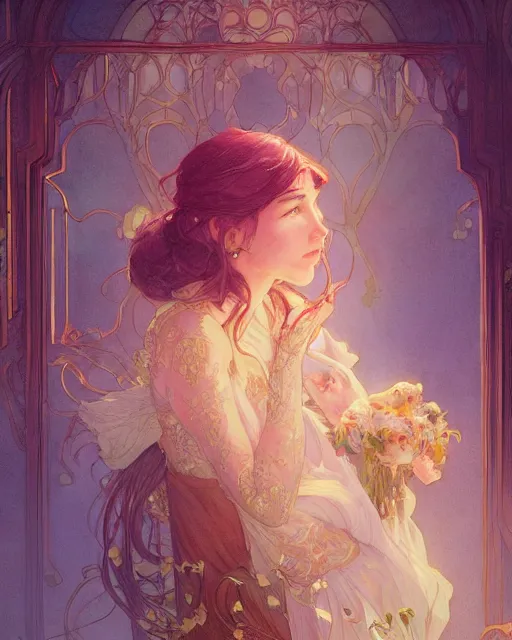 Image similar to secret romance, highly detailed,, gold filigree, romantic storybook fantasy, soft cinematic lighting, award, disney concept art watercolor illustration by mandy jurgens and alphonse mucha and alena aenami, pastel color palette, featured on artstation