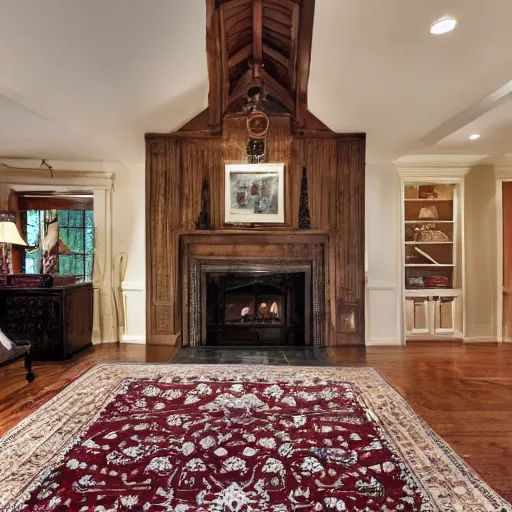 Prompt: a living room with dark wood floors, adjacent hallways, and a wall sized fireplace that reaches to the ceiling, low hanging chandeliers in front of the fireplace, a large rug sits on the floor