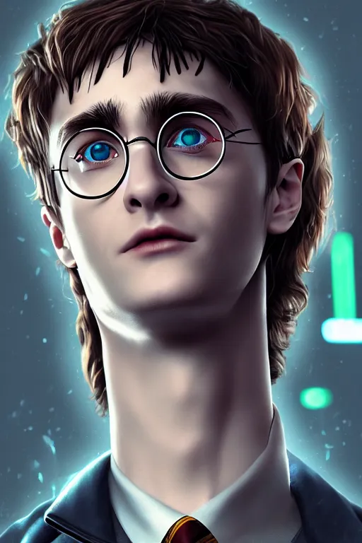 Image similar to Portrait of a harry potter with a cybernetic implanted eye, elegant, photorealistic, highly detailed, artstation, smooth, sharp focus, cyberpunk ornaments, neon lighting, sci-fi, art by Klimt