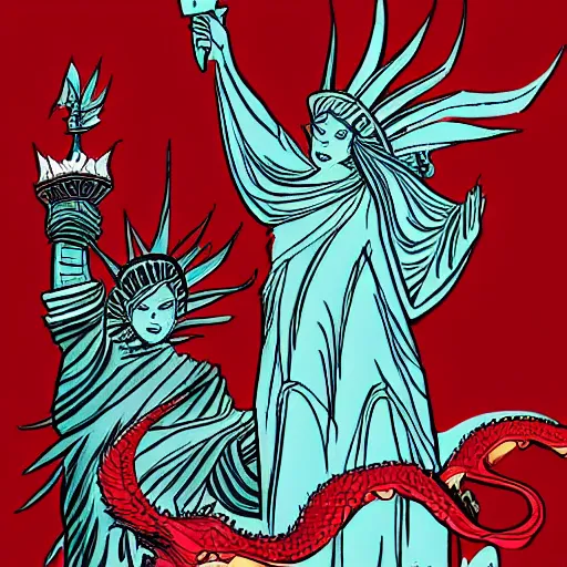 Image similar to Lady Liberty riding the red dragon of 龙, illustration, concept art, in the style of Arthur Adams