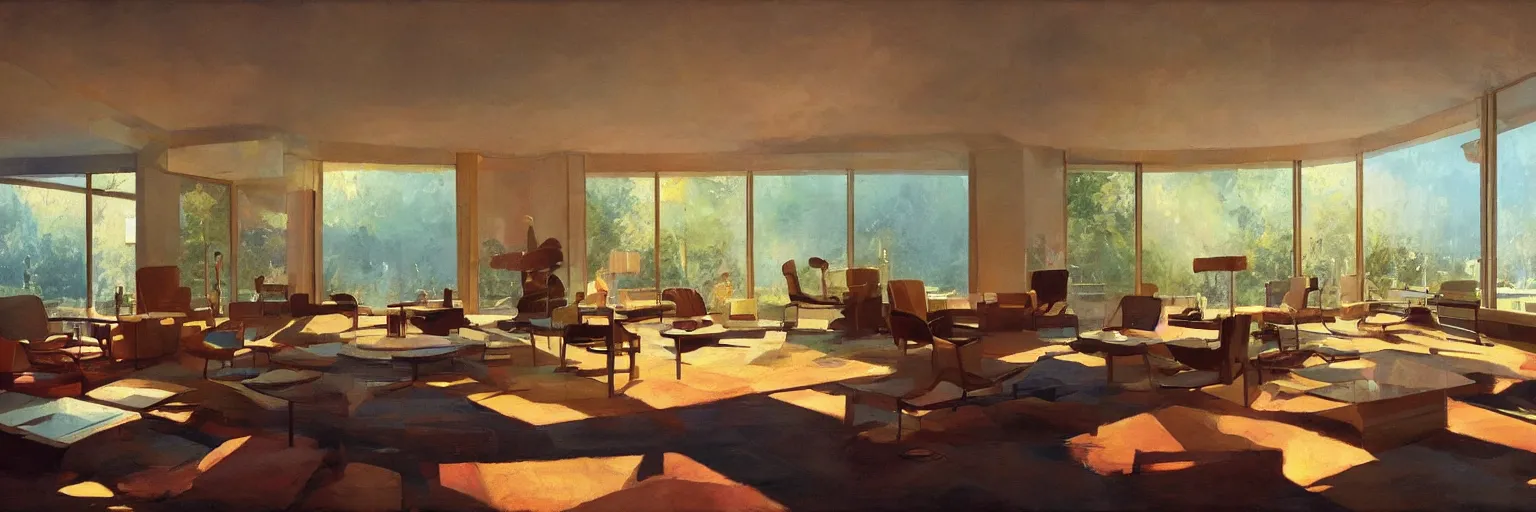 Prompt: midcentury architecture. modernism. rays of light filling the room. warm colors. wide shot. craig mullins.