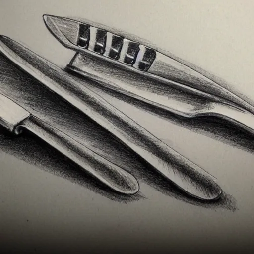Image similar to detailed sketch, a prototype concept design of a knife and fork, commercial tv add, blade runner style,