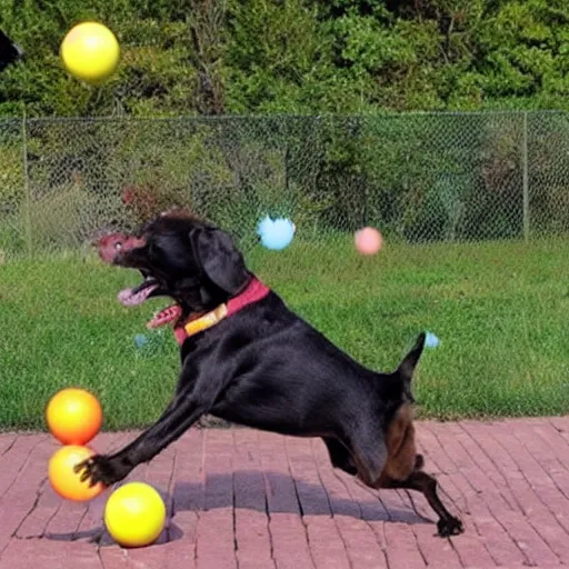 Image similar to a dog juggling 3 balls