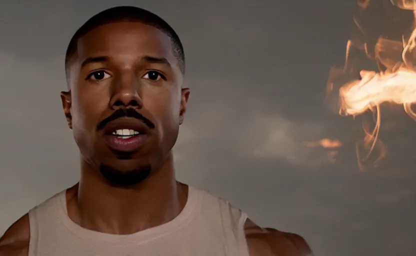 Image similar to Michael B. Jordan as Pop Smoke in 'WOO' (2024), movie still frame, oscar nominated cinematography, volumetric lighting, 8k resolution, beautiful composition