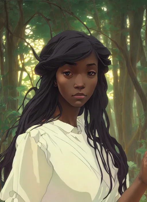 Image similar to pretty young black woman with shoulder length hair, path traced, highly detailed, high quality, digital painting, by studio ghibli and alphonse mucha, leesha hannigan, makoto shinkai, disney