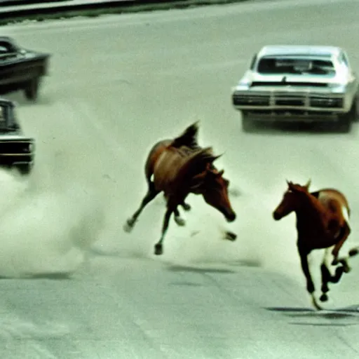 Prompt: horses racing against cars in a heated race in 1975, shot from a Pulitzer winning photography