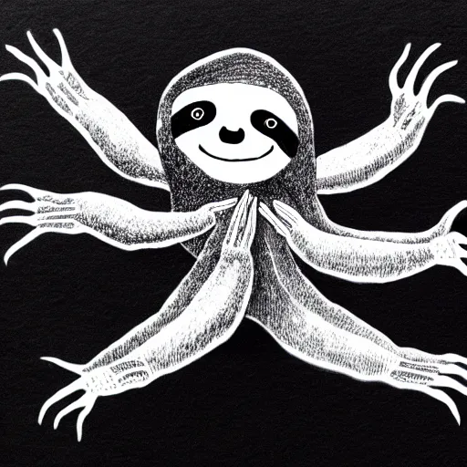 Prompt: sloth with eight arms, drawn with a black 0. 3 mm fineliner on a white paper