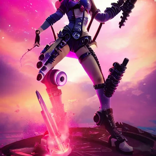 Prompt: margot robbie as jinx from league of legends posing with a massive futuristic rocket launcher, junkrat overwatch style, stylized, arcane magic, pink power, vaporwave, volumetric light from above, background by liam wong, art by ross tran + raymond swanland + marc simonetti + greg rutkowski + harumi hironaka