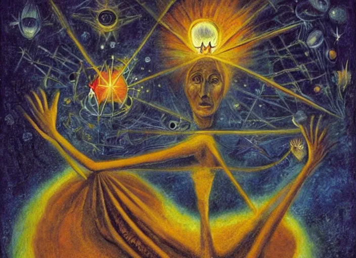 Prompt: a shaman!! woman holding up the cosmic!! universe, by remedios varo, reflection, symbolist, psychedelic colors, dramatic lighting, smooth, sharp focus, extremely detailed, aesthetically pleasing composition