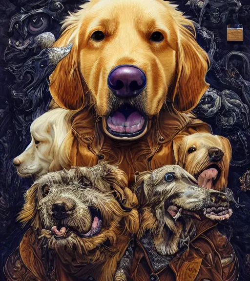 Image similar to portrait, nightmare anomalies, golden retriever by dariusz zawadzki, kenneth blom, mental alchemy, james jean, pablo amaringo, naudline pierre, contemporary art, hyper detailed