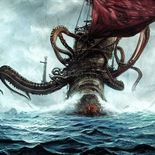 Prompt: a kraken rises from the ocean swallowing a pirate ship by raymond swanland, highly detailed