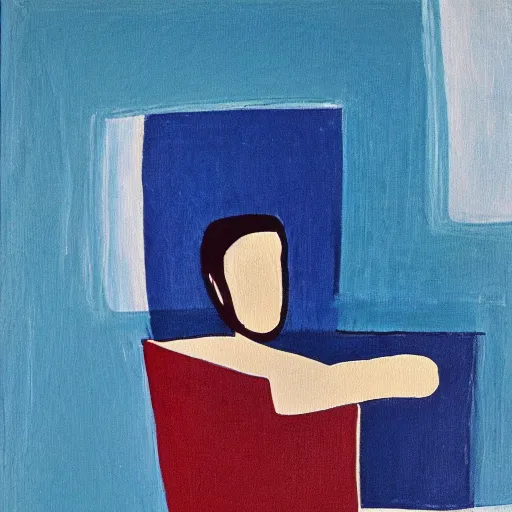 Prompt: a minimalist abstract painting of a charming man reclined on a sofa. 1991. Oil on Panel