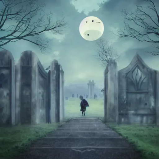 Image similar to anime hd, anime, 2 0 1 9 anime, ghost children, children born as ghosts, dancing ghosts, london cemetery, albion, london architecture, buildings, gloomy lighting, moon in the sky, gravestones, creepy smiles