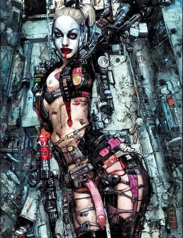 Prompt: a dream portrait of cyberpunk Harley Quinn in post apocalyptic Gotham art by Paul Dini, Travis Charest, Simon Bisley