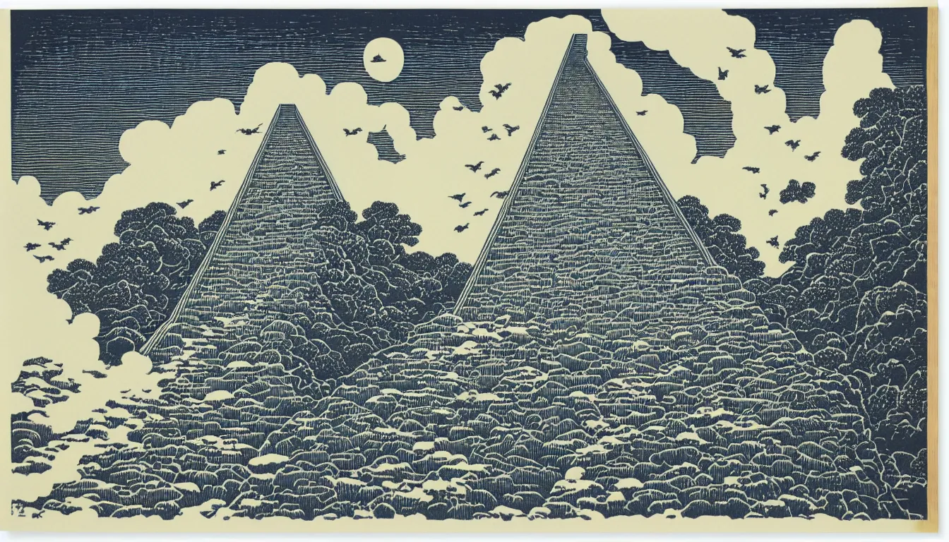 Prompt: stairway to heaven by woodblock print