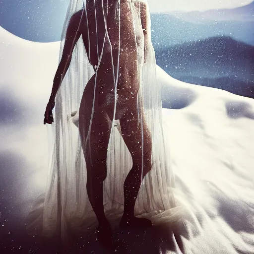 Image similar to a instax photo of fuji mountain, a tall japanese girl in a transparent sheer fabric dress against the background of fuji mountain, perfect faces, fine details, severe snow, full body shot, perfect symmetrical body, coherent symmetrical eyes, by peter kemp, by monia merlo, hyperrealistic, hyperdetailed, octane render, 8 k