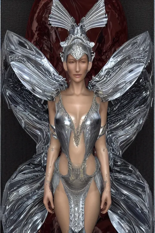 Image similar to a highly detailed 4 k render of a beautiful angel alien goddess bella hadid in iris van herpen dress armor schiaparelli in diamonds and jewelry in style of alphonse mucha trending on artstation made in unreal engine 4