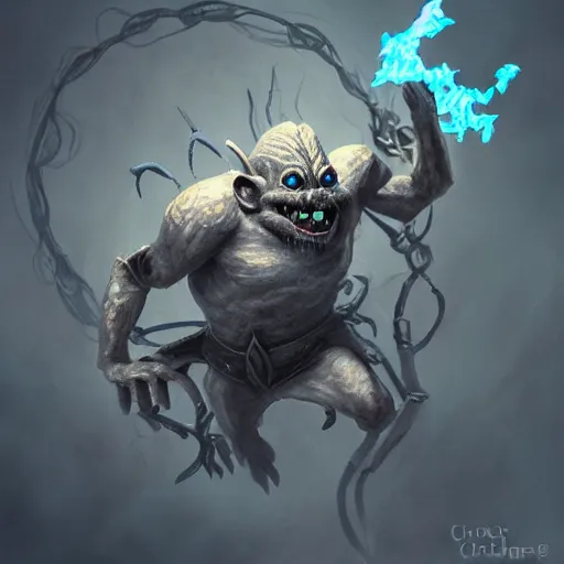 Image similar to a highly detailed flying goblin with grey skin and blue eyes that glow, grey background, surrounded by wind, like magic the gathering, goblin chainwalker, digital art, by christopher rush