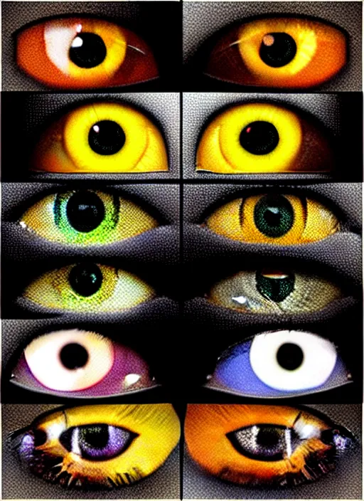 Image similar to grid montage of cube shaped eyes, square shaped black dilated pupils, cube shaped irises, detailed colored textures, eyelashes, advanced art, art styles mix, from wikipedia, wet reflections in square eyes, sunshine light, hd macro photograph, from side, various eyelid positions, square black pupil centered