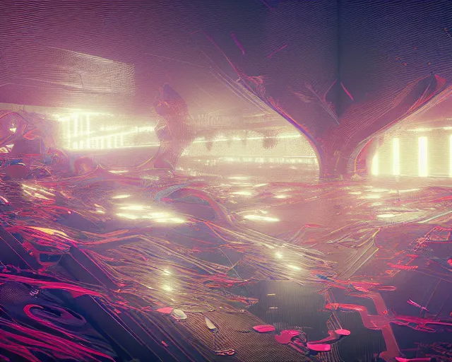 Prompt: the blight of the psychedelic sharp focus library - armory, intricate abstract. intricate artwork, by tooth wu, wlop, beeple, dan mumford. concept art, octane render, trending on artstation, greg rutkowski very coherent symmetrical artwork. cinematic, key art, hyper realism, high detail, octane render, 8 k, iridescent accents