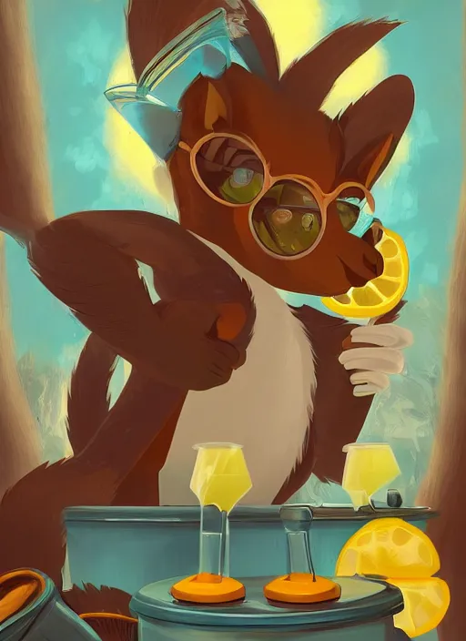 Prompt: squirrel anthro as a dapper bartender with a big fluffy tail, retro futurism, art deco, detailed painterly digital art by Cory Loftis, 🐿🍸🍋, furaffinity, trending on artstation