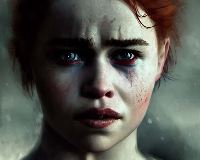 Prompt: 5 5 mm portrait photo of young redhead short hair emilia clarke with war face paint, dark atmosphere. art by greg rutkowski. highly detailed 8 k. intricate. lifelike. soft light. nikon d 8 5 0.